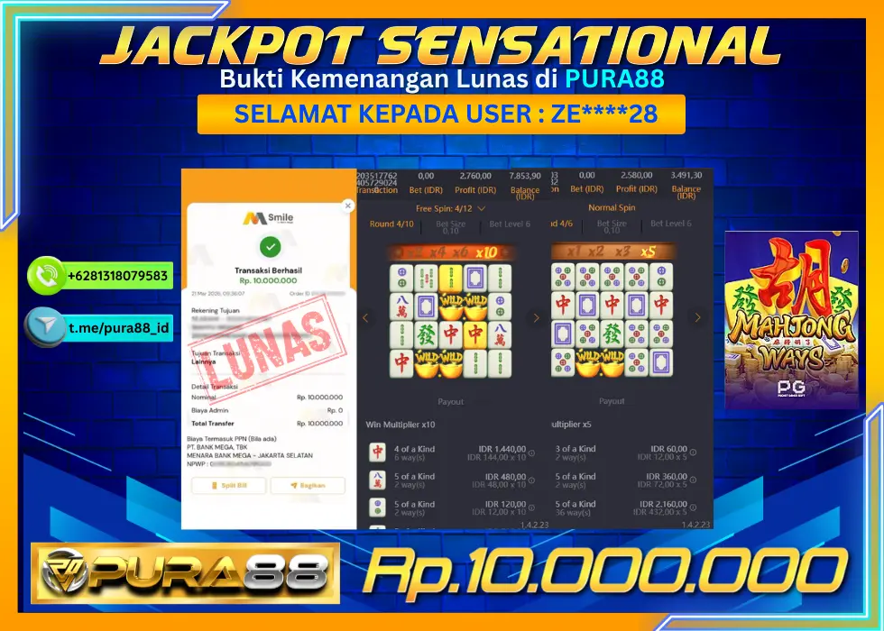 PURA88 JACKPOT MAHJONG WAYS Rp 10.000.000,- LUNAS